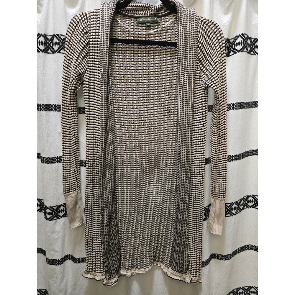 Eddie Bauer rib knit striped long brown and cream open cardigan XS
